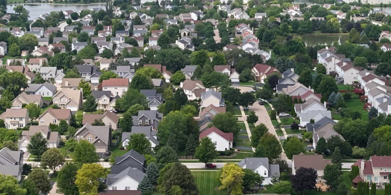 Aerial view of a suburban neighborhood in Illinois.